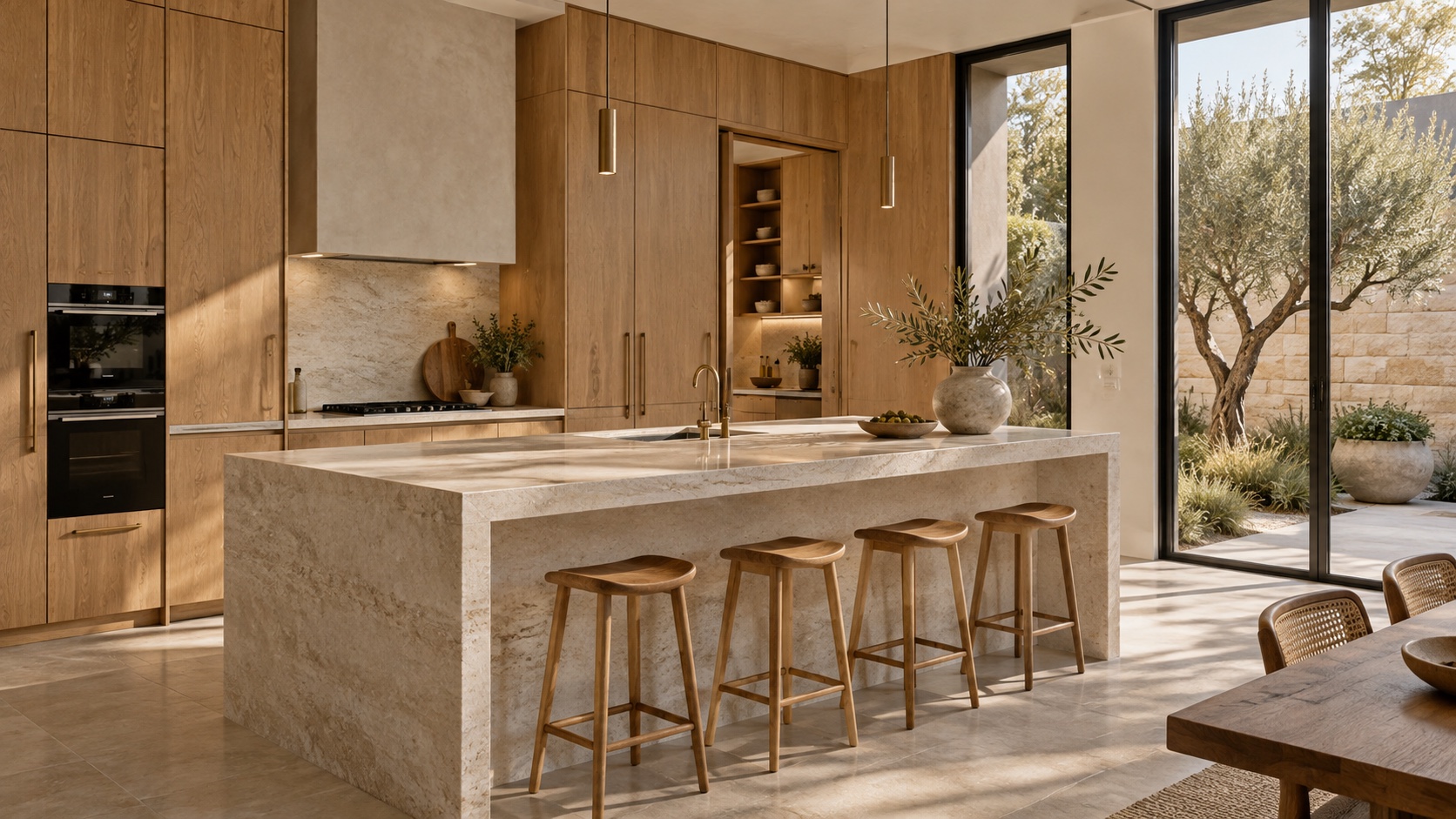 Oak kitchen joinery and a pale stone island opening to a sandstone courtyard